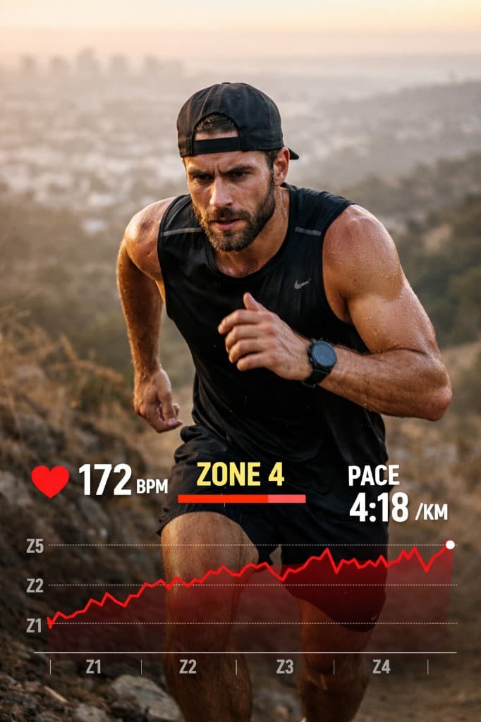 FitCam with heart rate, zone, pace and graph overlay on outdoor run