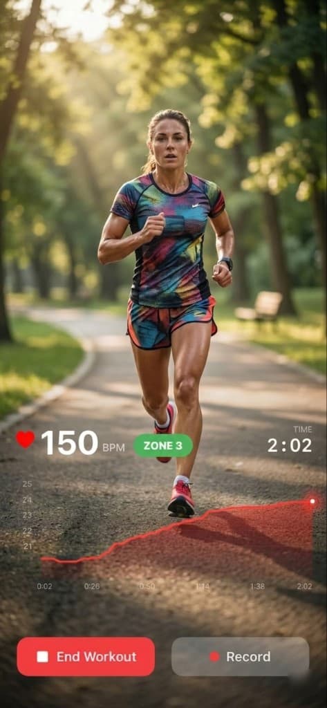 FitCam showing heart rate and age-based training zones on the camera preview