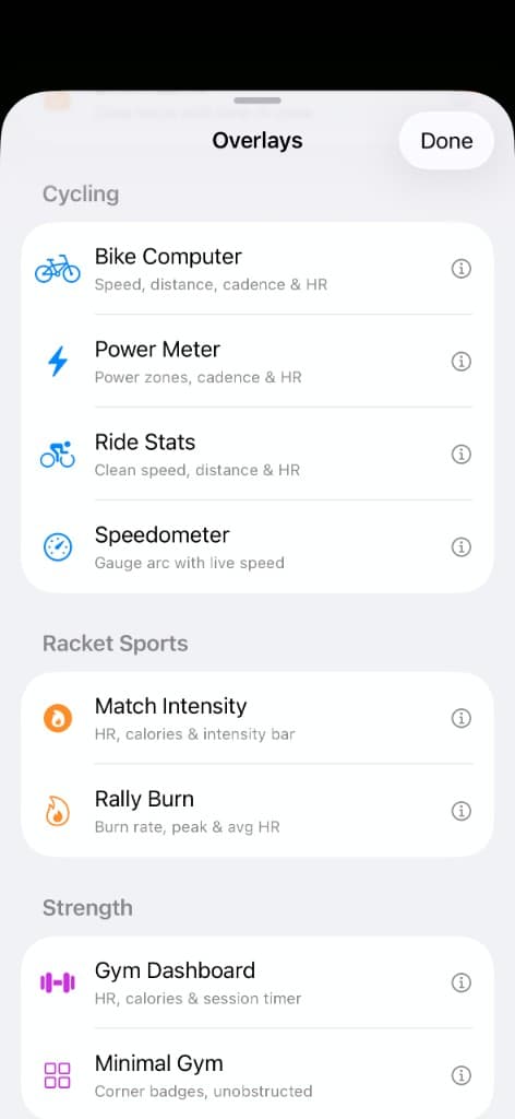 FitCam overlays list with options for cycling, racket sports, and strength workouts