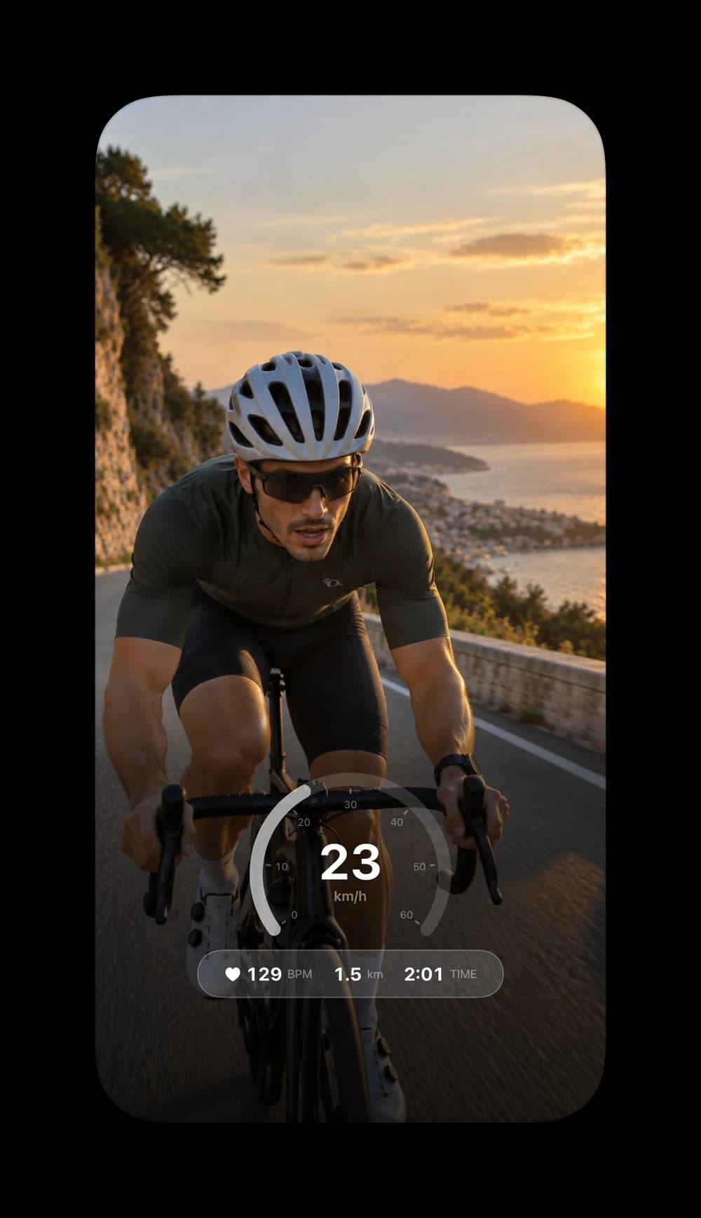 Cyclist on a coastal road with a speedometer gauge reading 23 km/h, heart rate, distance and ride time