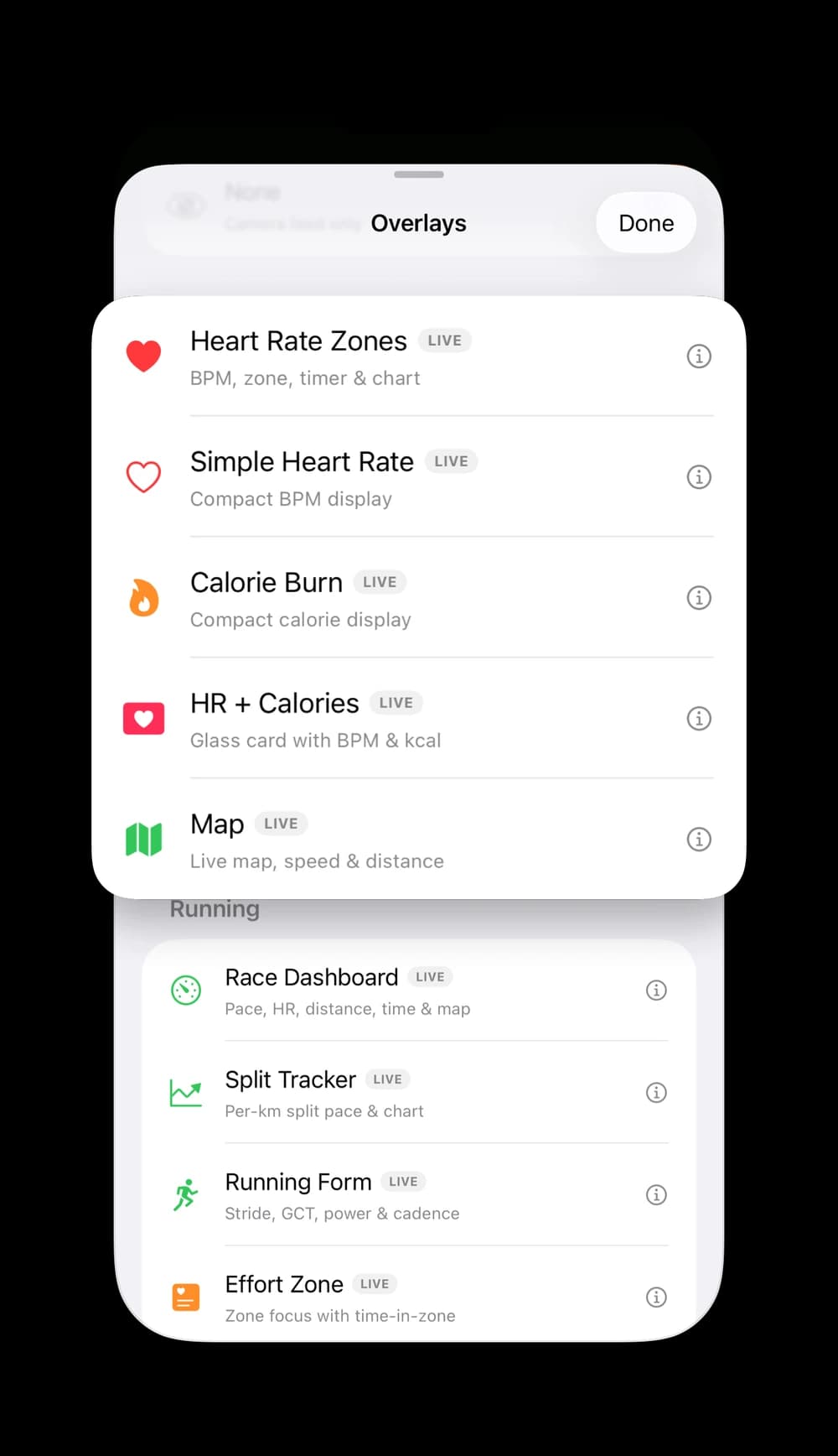 FitCam overlay picker listing Heart Rate Zones, Calorie Burn, Map and running overlays